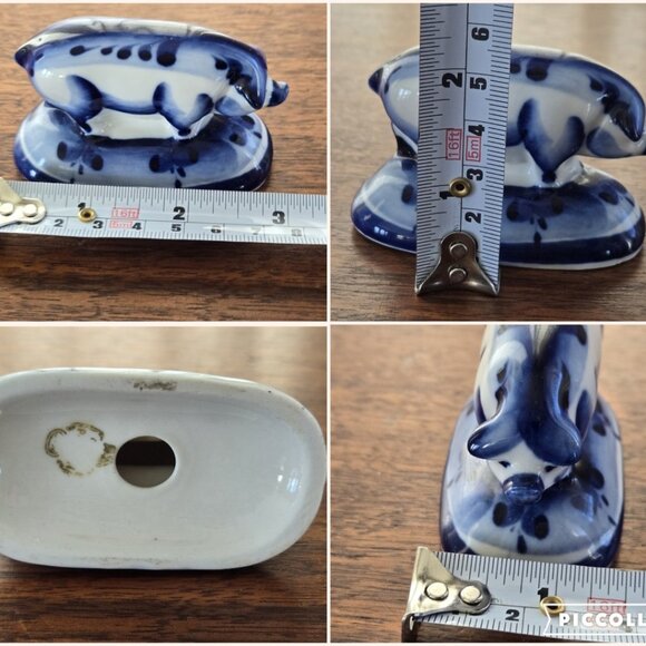 Set of 3 Gzhel Figurines Hand Painted Gilded Porcelain VTG Bunny Cat Rooster Pig - Picture 15 of 16